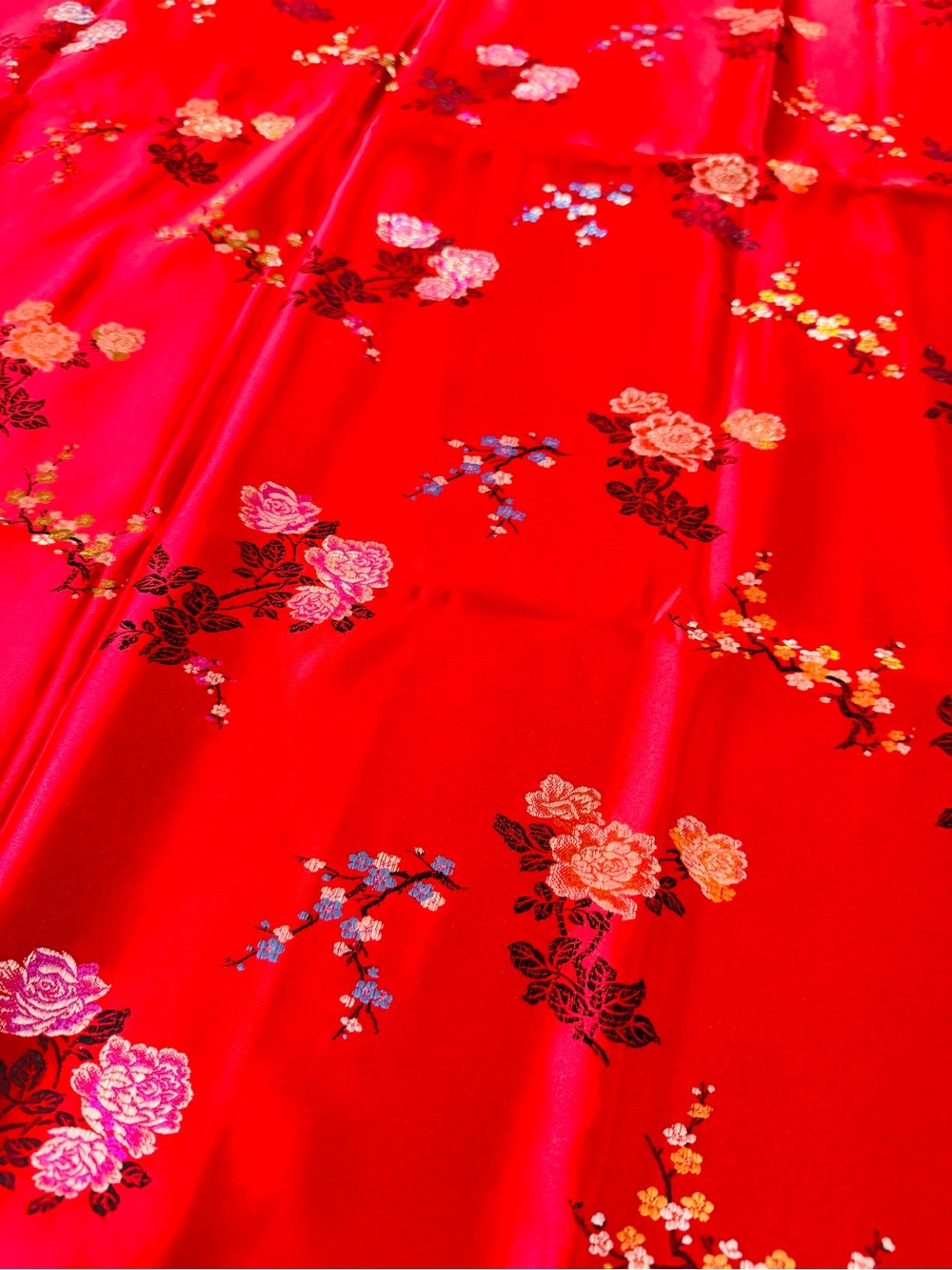 Chinese Red Silk Floral Brocade Fabric